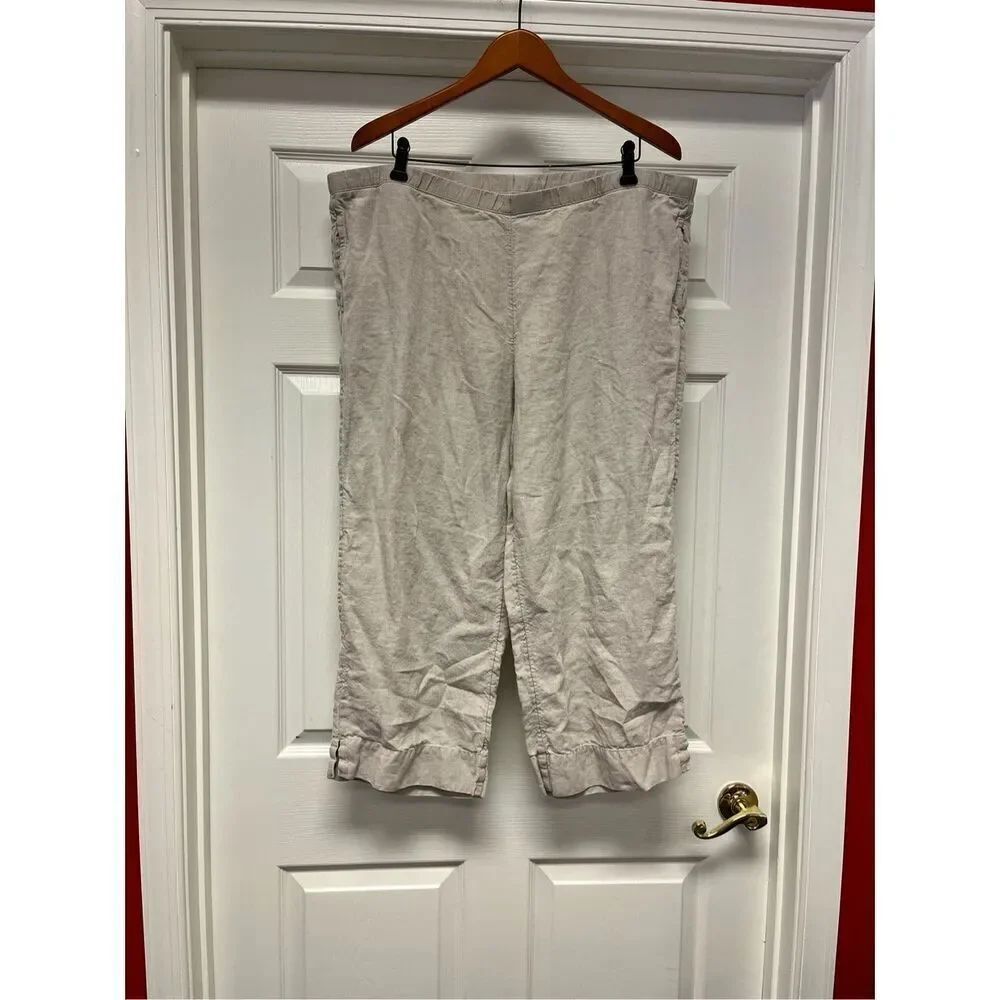 J. Jill Tan Linen Wide Leg Cropped Lagenlook Pull On Pants sz XL
